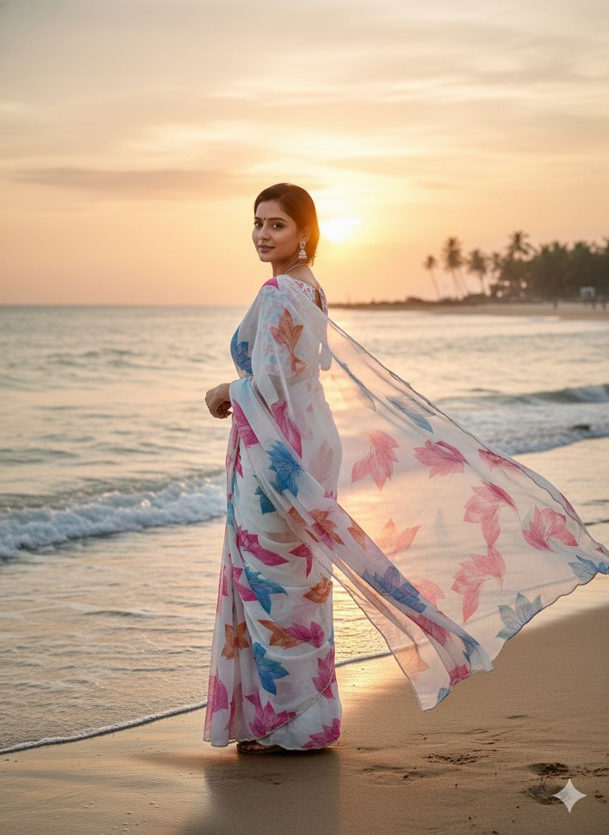 SOFT TABI ORGANZA FLOWER PRINT SAREE