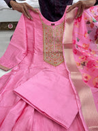 Anarkali Flared Pink Kurti Pant Dupatta Set