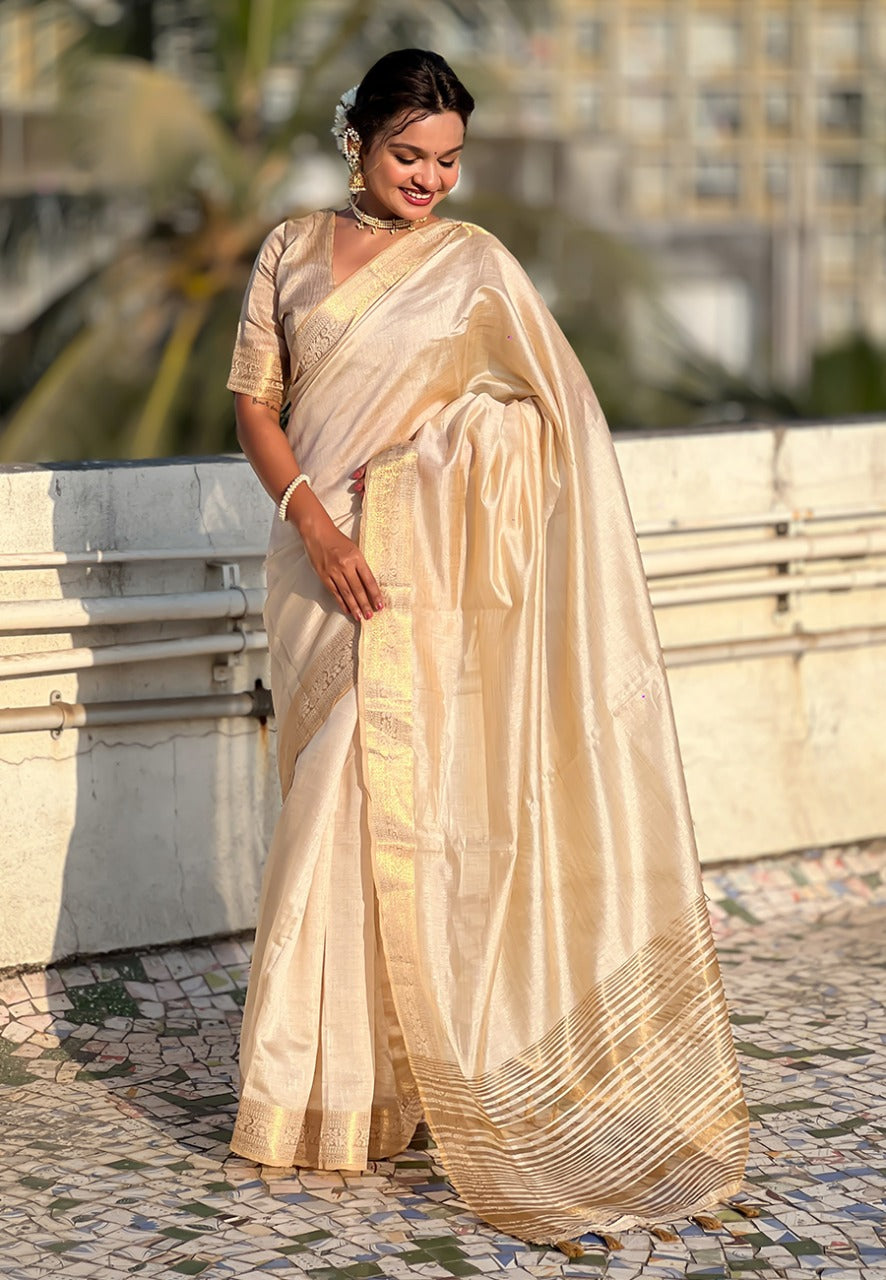 Plain Tussar Silk Sarees with zari woven border