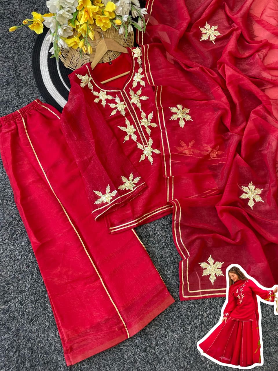 Heavenly Handmade Kurta Sharara Top Plazzo Set With Charkhi Gota Work