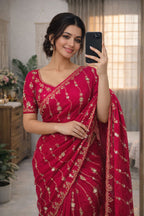 Nc Moss Sattin Dual Shad Multi Emrodairy Sequence Saree