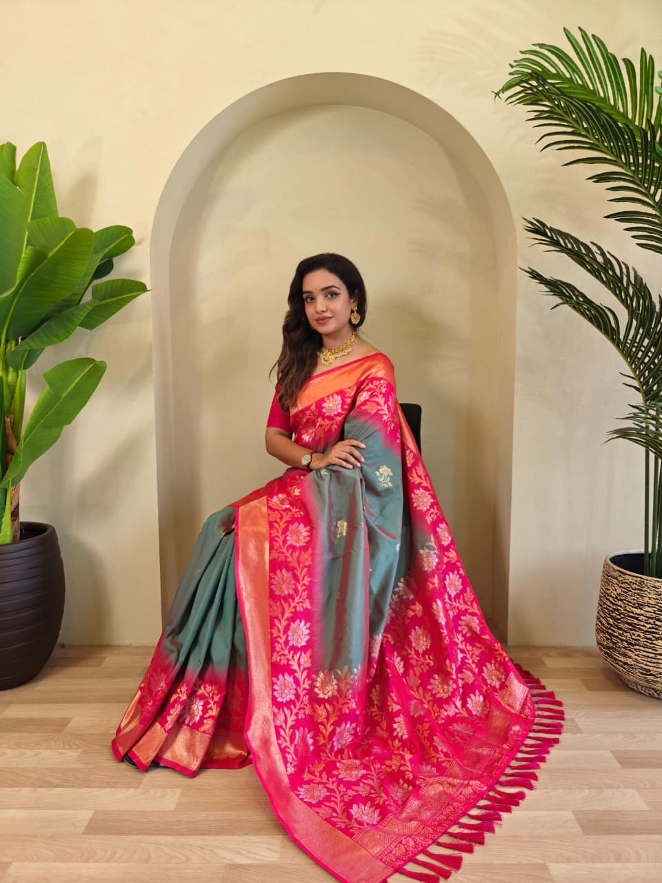Dual tone silk sarees with all over zari weaves
