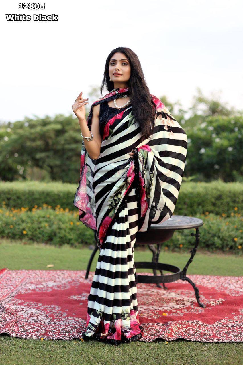 Smooth Satin Georgette Gemotrical Strips Print