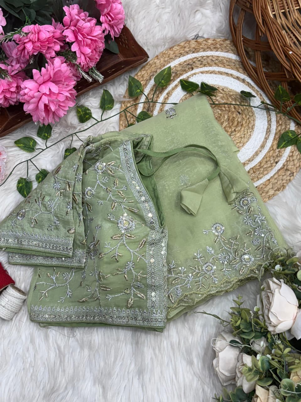 Crunchy Silk Fabric 3MM Sequence Saree