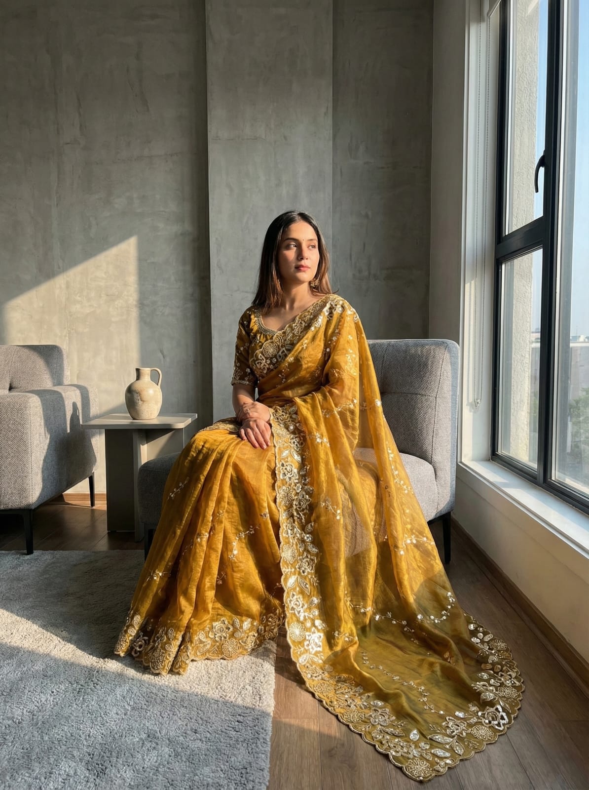 Fendy Chiffon Fabric  Beautiful Embroidery Wedding Saree