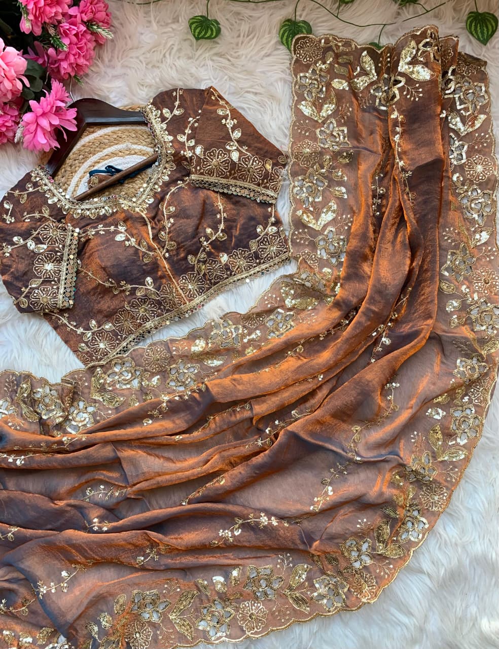 Fendy Chiffon Fabric  Beautiful Embroidery Wedding Saree